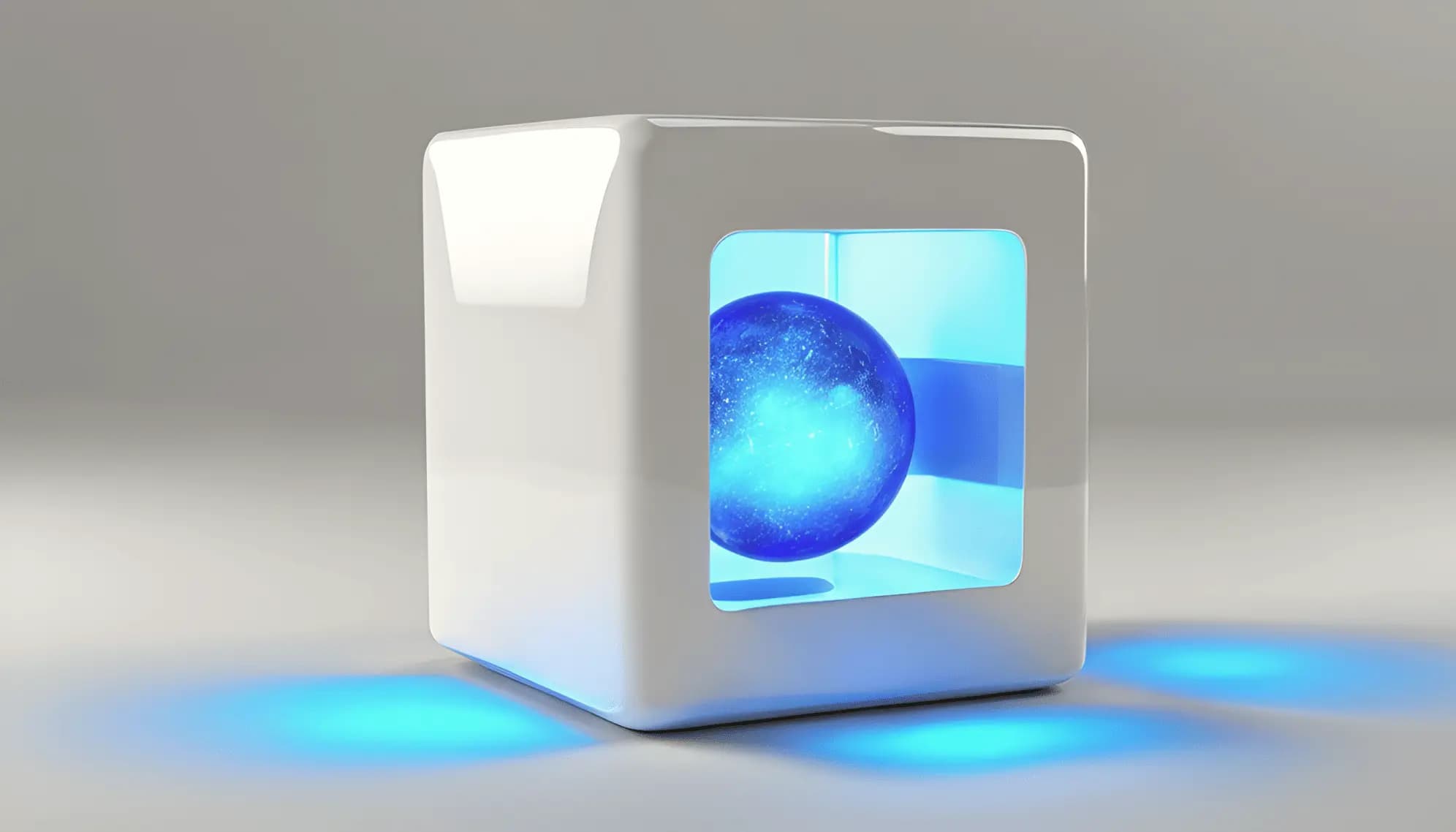 Glossy white cube with a glowing blue sphere inside.